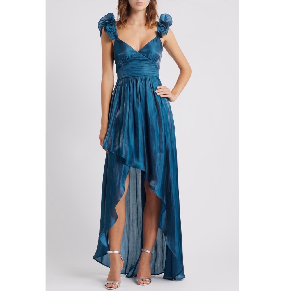 Lulus Juni Ruffle Shoulder High-Low Gown Teal Blue Metallic Formal Dress New!